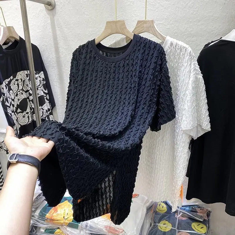 

2022 Summer New Fashion Stitching Chiffon Shirt Women Large Size Loose Slit Short-sleeved T-shirt Boutique Clothing Simple Style