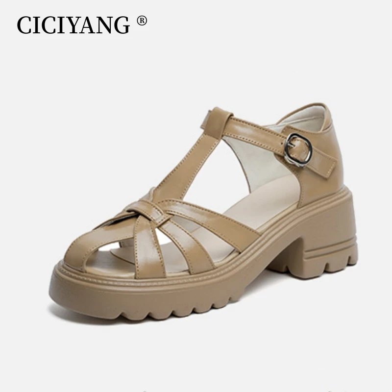 CICIYANG Sandals for Women Genuine Leather Large Size Summer Shoes 2023 New Model Toe Protection High Heel Roman Sandals Ladies