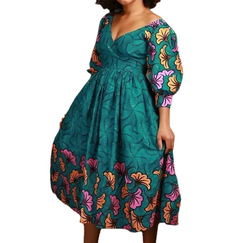 Sexy V Neck Floral Print African Dresses Women Evening Party African Elegant Maxi Dress African Clothes Robe Africaine Femme 3XL