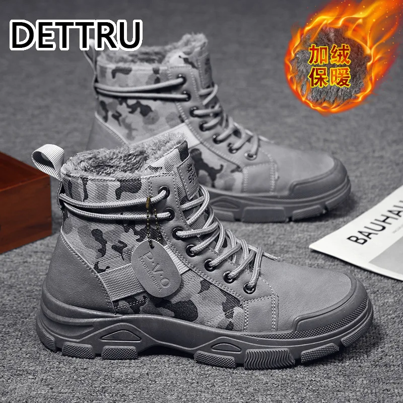 

Autumn Winter Outdoot Booties Men Desert Military Boots with Fur New Camouflage Fashion Casual Martin Boots Male Platform Shoes