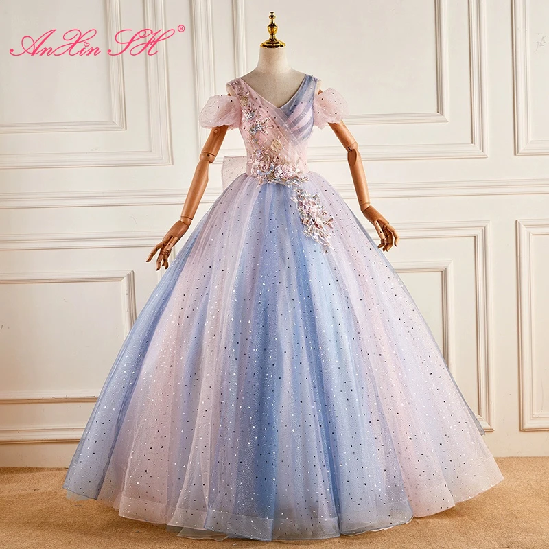 

AnXin SH princess pink and blue sparkly lace v neck beading flower crystal bow stage host ball gown lace up evening dress