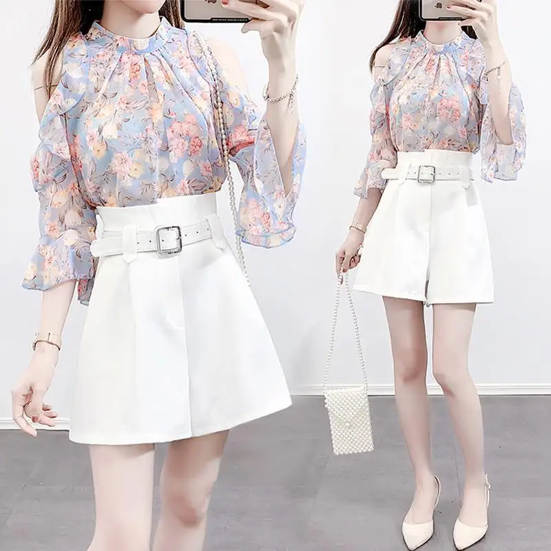 

Women 2022 Summer New Two-piece Sets Female Short Sleeve Floral Chiffon Shirt Tops Ladies High Waist Wide Legs Shorts Suits Y75