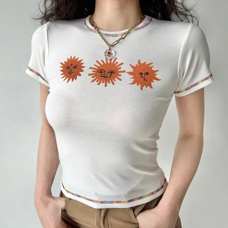 Women Run Print Front Short Sleeved T-shirt With Rainbow Seams Detail Y182