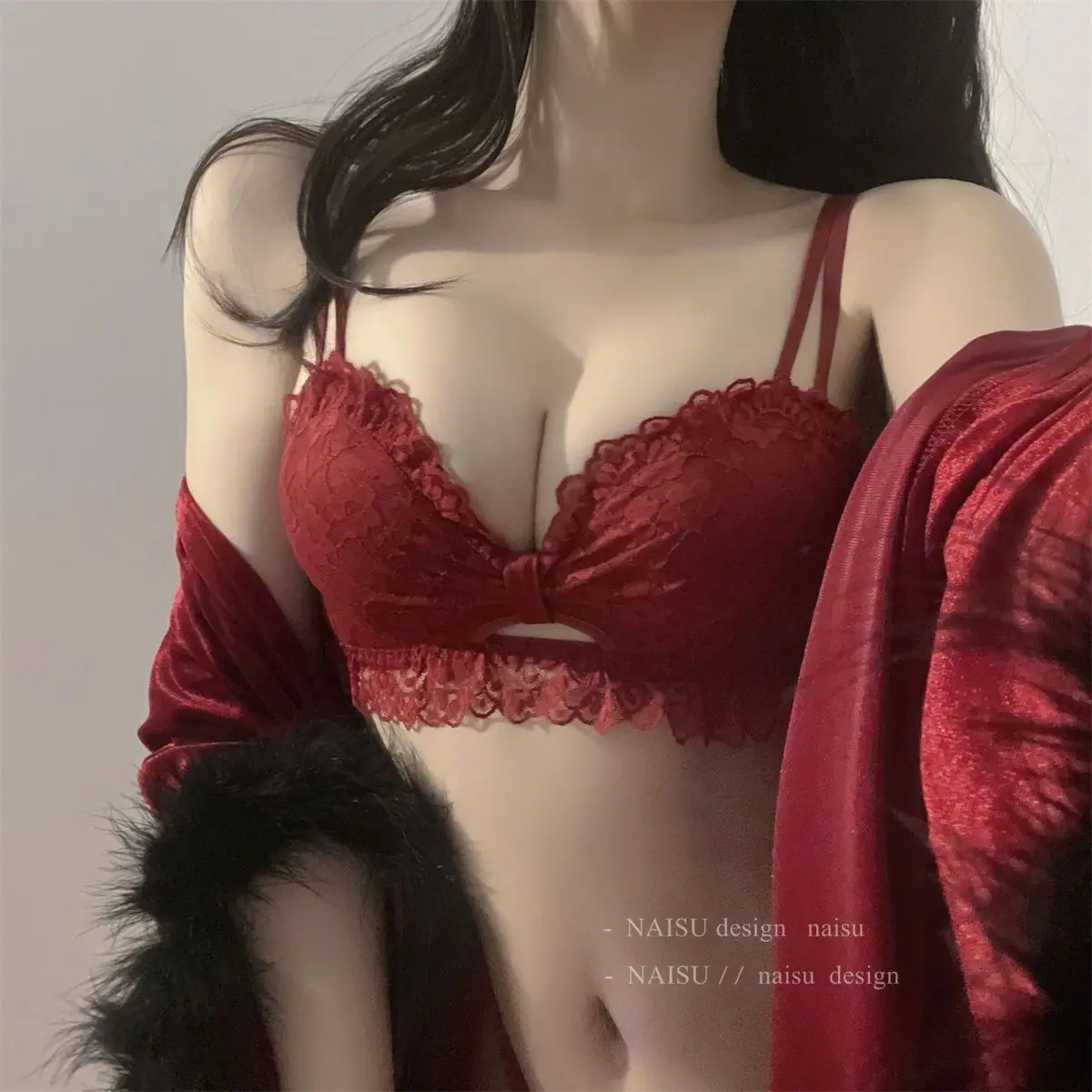 

Red Lifeyear Lingerie Women's Small Chest Gathered and Collared Bra No Steel Ring Sexy Lace Women's Bra Set
