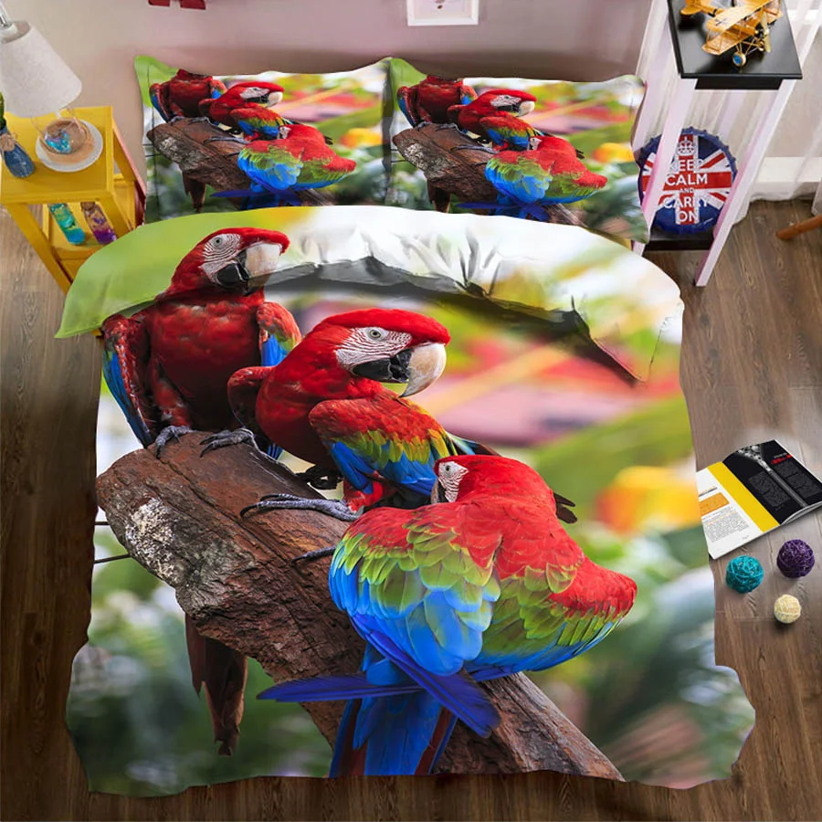 

WOSTAR Two parrots bedding set 3D animal print duvet cover bedroom bed linens luxury double bed quilt cover bedclothes king size