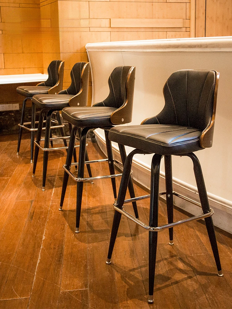 

Nordic Bar Stool Solid Wood Backrest Iron Retro Bar Chair High Stool Rotating Barstool Coffee Shop Front Desk Chair