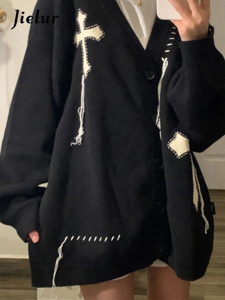 

Jielur Chic V-neck Black Vintage Autumn New Sweater Female Cardigan Simple Fashion Loose Casual Single Breasted Women Cardigan