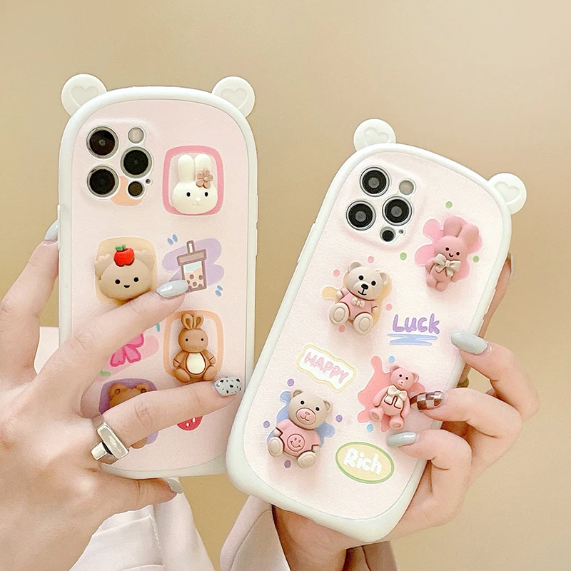 Stereo Bear Bunny Silicone Phone Case For Iphone 14 13 12 11 Pro Max X Xr Xs Case For Apple Iphone 12 13 7 8 Plus Se Soft Case