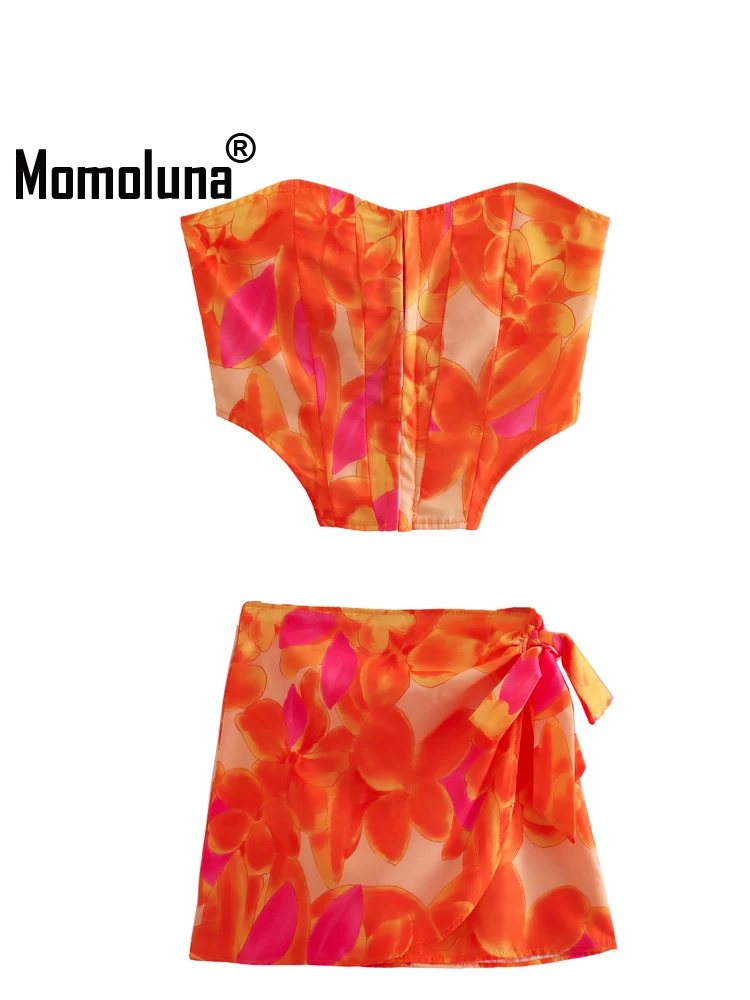 

Momoluna Women Red Print Corset Tube Tank Tops Crop Top Skirt S M L
