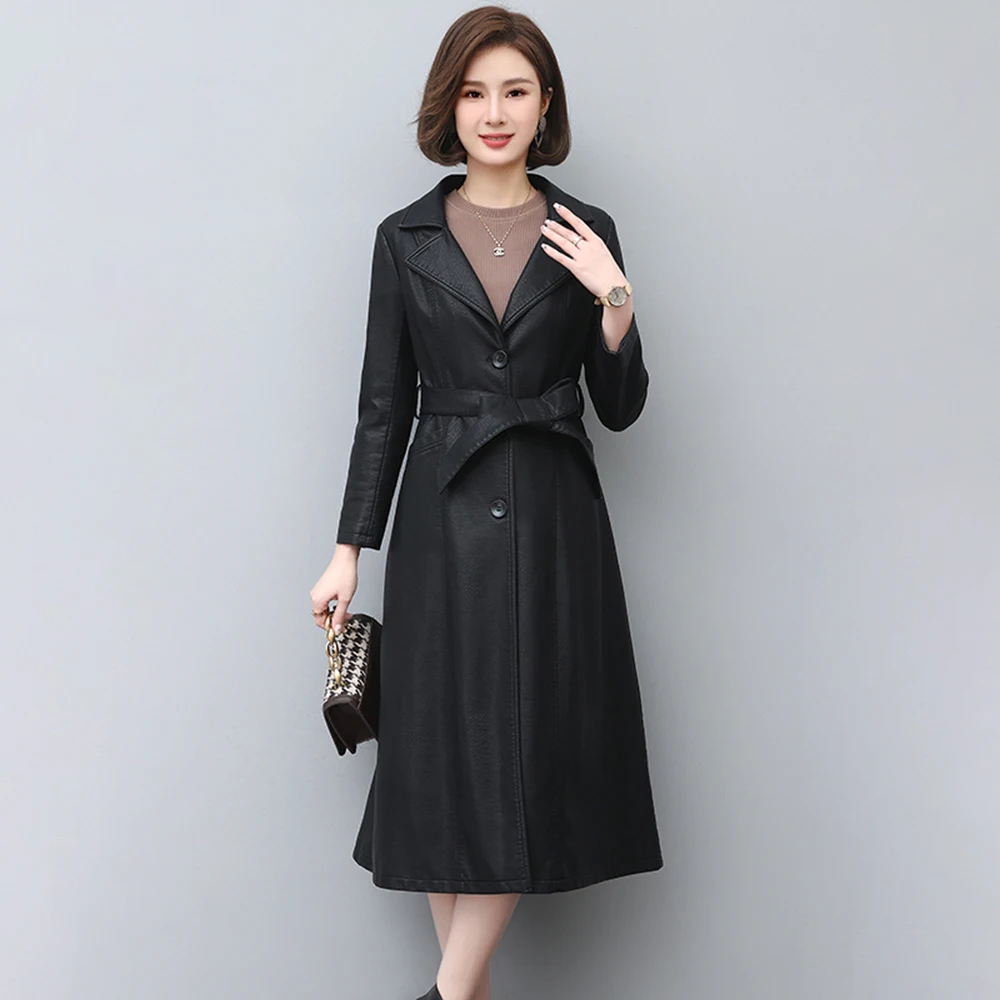 New Women Leather Trench Coat Spring Autumn Fashion Elegant Suit Collar Slim Long Sheepskin Outerwear Split Leather Tops Coat