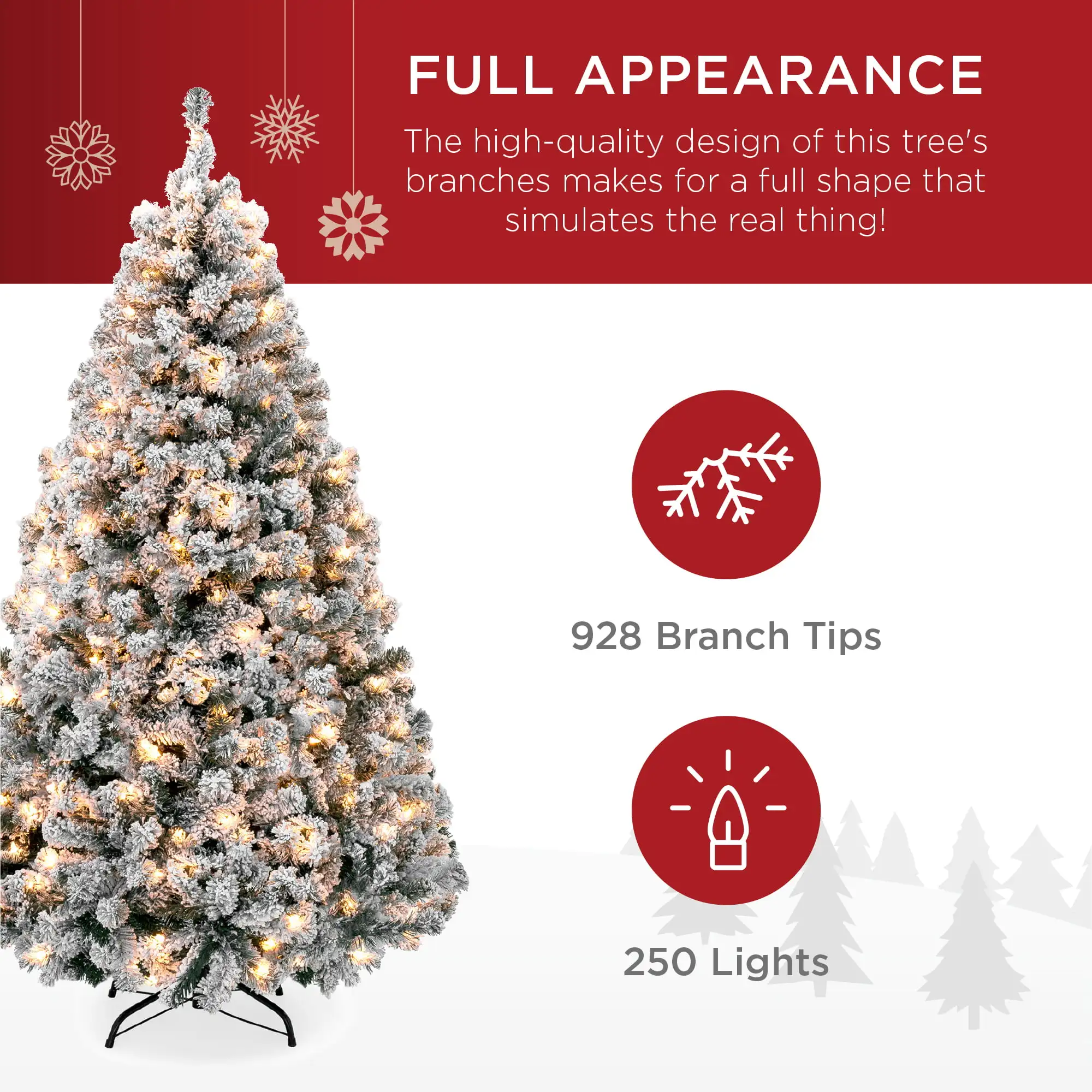 

Best Choice Products 6ft Pre-Lit Holiday Christmas Pine Tree w/ Snow Flocked Branches, 250 Warm White Lights