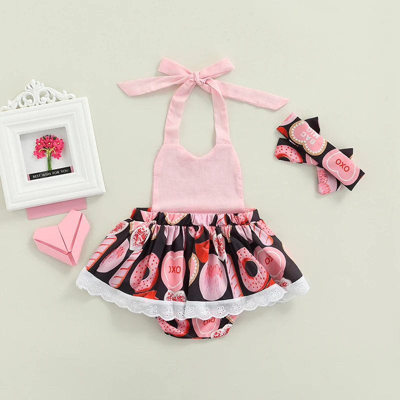 

0-24 Months 2pcs Baby Girls Outfit, Sequined Heart Print Halter Neck Romper Dress + Head Band for Toddlers Pink