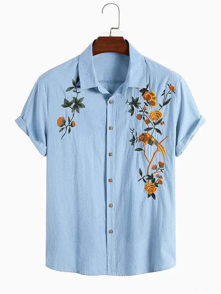 

CharmkpR Tops 2022 New Men's Cotton Breathable Printed Embroidered Button Up Blouse Casual Simple Male Short Sleeve Shirts S-2XL