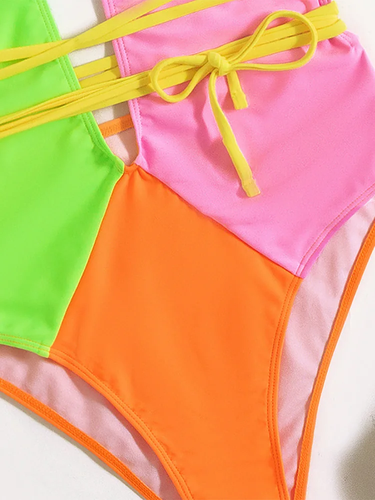 Цветной неоновый купальник сексуальный женский на завязках новинка 2022 глубокий