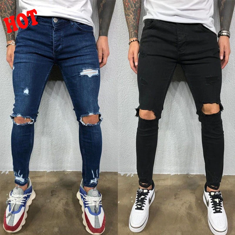 Fall Fashion Jeans Knee-Length Ripped Skinny Stretch Denim Trousers Solid Color Black Blue Summer Hip Hop Casual Men's Clothing