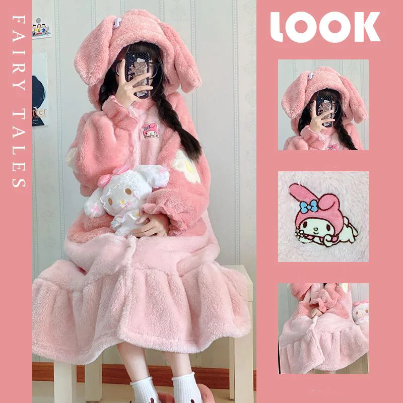 

Sanrioed My Melody Cartoon Kawaii Girl Heart Coral Fleece Autumn and Winter Thickened Thermal Nightgown Cute High Face Value