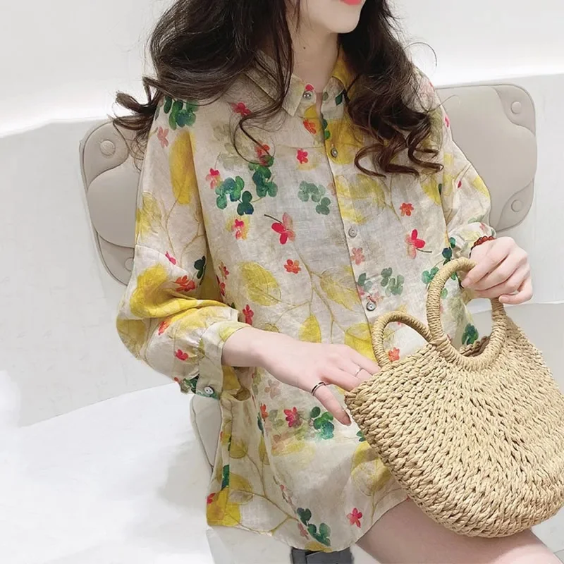 

Spring/Summer 2023 New Cotton Hemp Shirts Women Loose Printing Retro Hong Kong Style National Style Shirt Top Design Sense