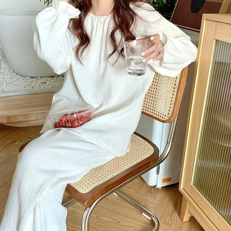 QWEEK Cotton Women's Pajamas Korean Sleepwear Female Set Nightwear Autumn Pijama Long Sleeve Pyjamas Home Suit Nightie Homewear