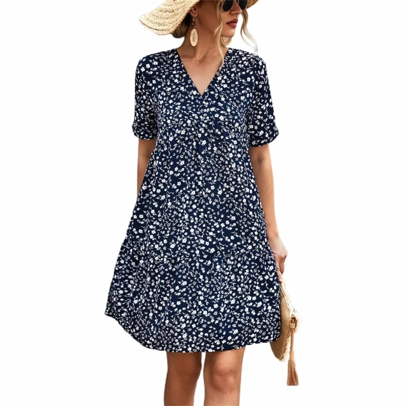 

Women Dress Casual V-Neck Floral Print Dress Swing Dress Short Sleeve Vacation Dress Summer Elegant Bohemian Short Dress 57BD
