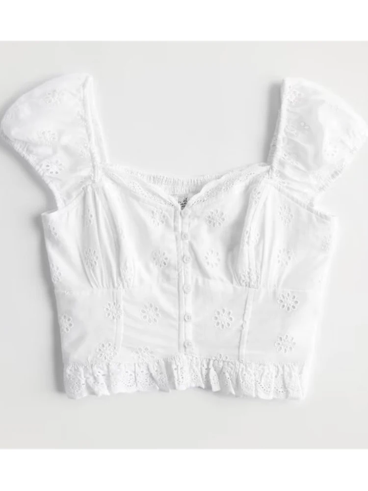 

Женская короткая футболка на пуговицах спереди, Повседневная белая винтажная ажурная футболка с квадратным вырезом и коротким рукавом, лето 2023