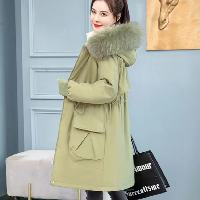 Big Fur Collar Mid-Length Women's Down Padded Cotton Jackets 2022 Winter Parkas New Slim Waist Fleece Thick Coats Casual Outwear