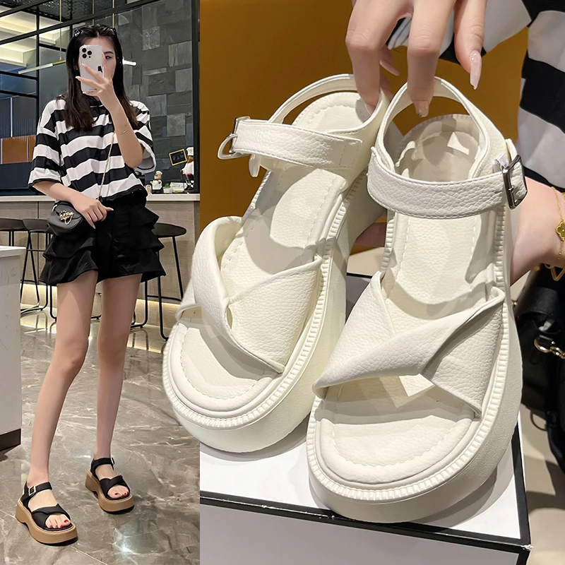 

Female Sandal All-Match Clogs Wedge Anti-Skid 2022 Summer Black Shoes for Women Med Increasing Height Girls Platform Beige Thick