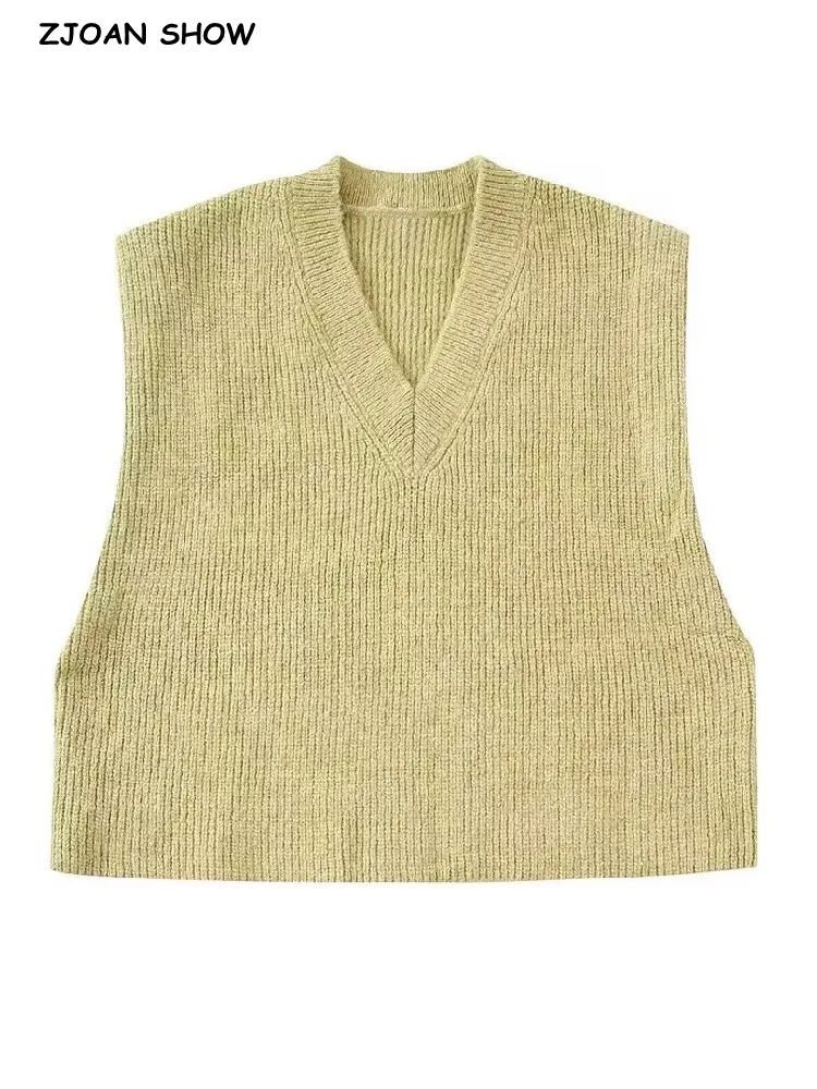 

2022 Vintage V neck Rib Knitted Broad Shoulder Sleeveless Sweater Vest Women Autumn Solid Color Loose Waistcoat Knitwear