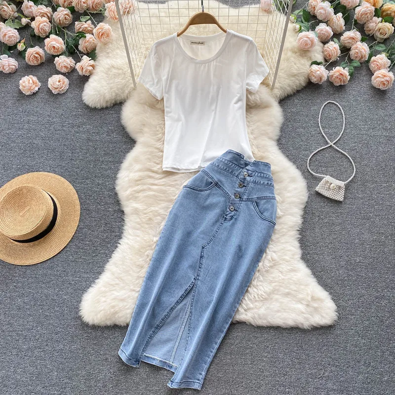 

Summer Two Piece Set Women Casual O-Neck T Shirt& Denim Cut Out Hole Skirt Set Fashion Office Set Elegance Skinny Ropa Femenina