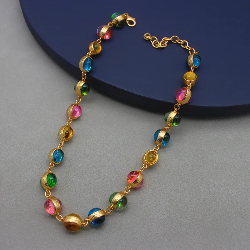 

French retro colored glass necklace small round sugar contrast macaron bracelet universal chain