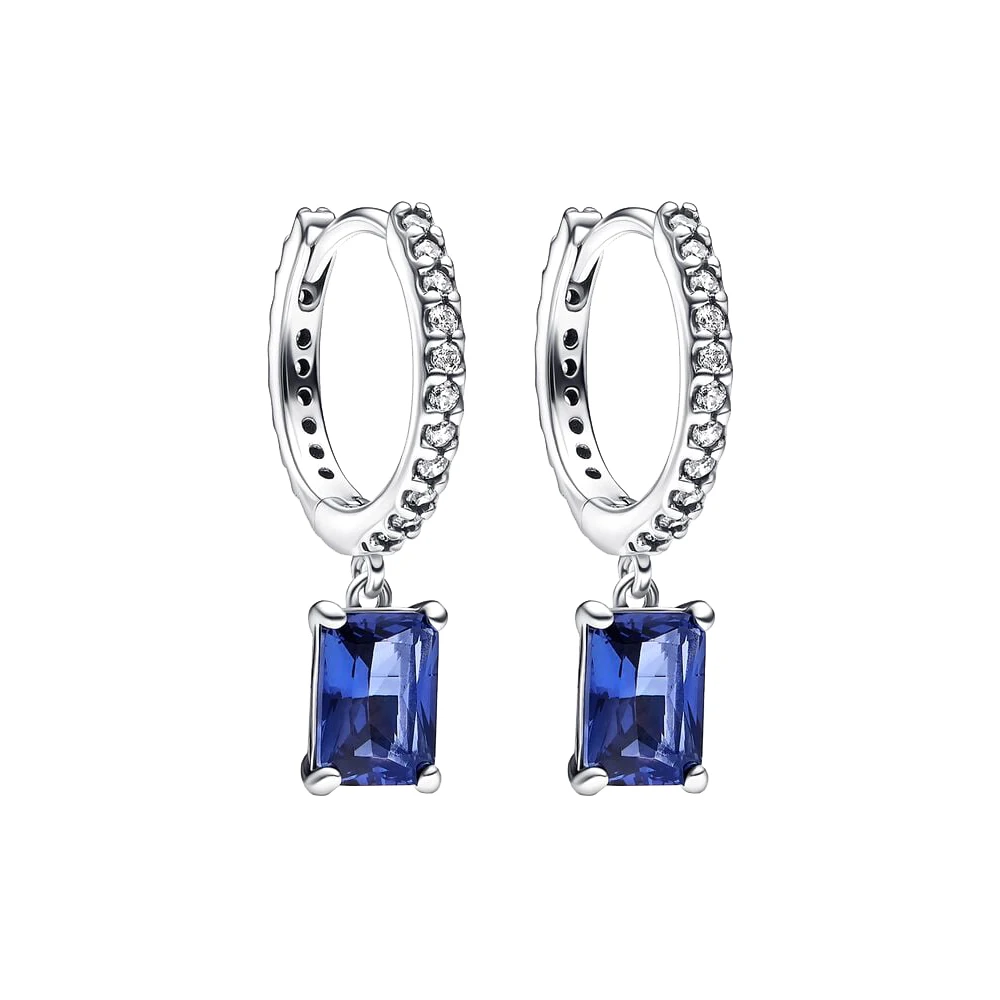 

925 Sterling Silver Blue Rectangular Sparkling Hoop Earrings fit Pandora Jewelry for Women Birthday Banquet Gifts