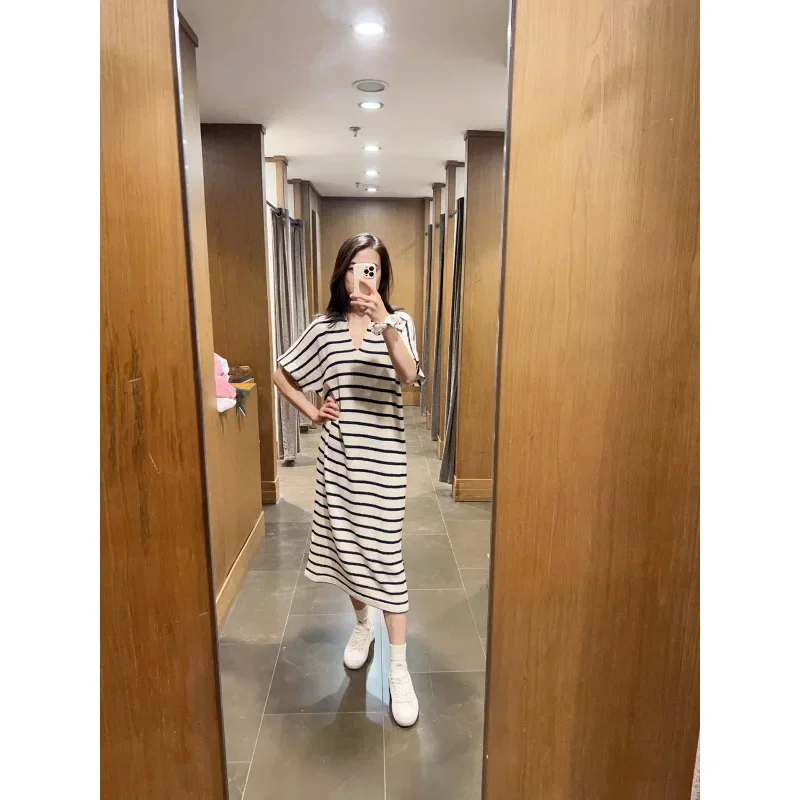 Весенне-летнее новое повседневное полосатое платье-рубашка-поло с длинными