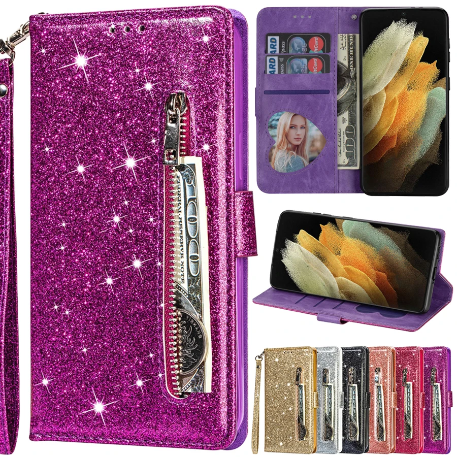 Wallet Leather Glitter Case For Samsung Galaxy S22 Ultra S21 FE S20 FE S10 Plus S9 A03 A12 A13 A23 A32 A33 A51 A52 A53 A71 A72