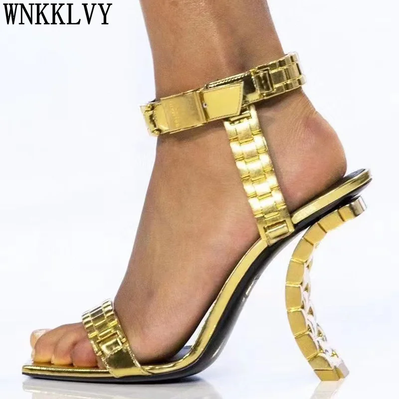 

Runway One word belt High Heel Sandals Women Narrow Band Metal Chain Ankle Strap Sandalias Summer Sexy Party Dress Shoes 2022