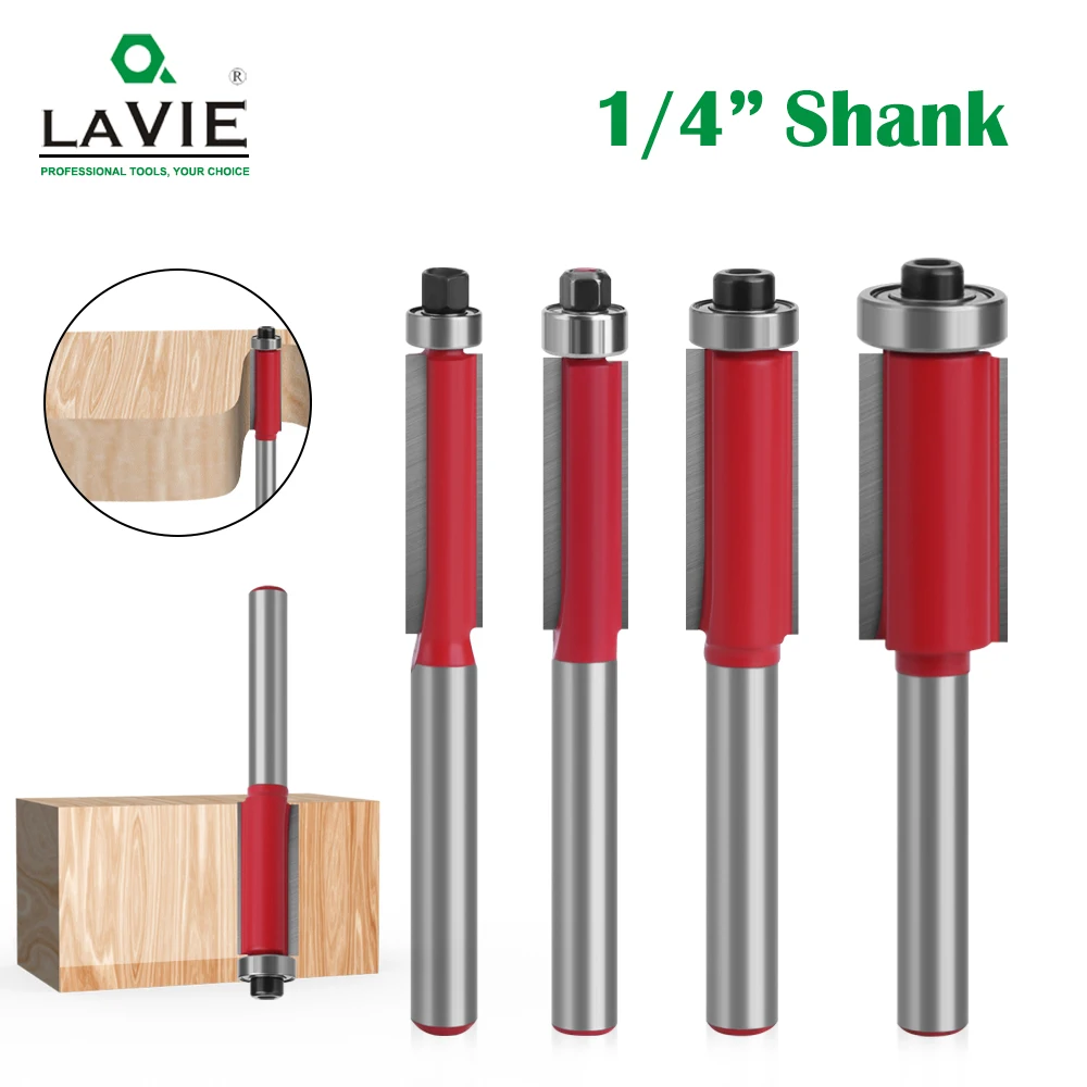 

LAVIE 1pc 1/4" End Dual Flutes Ball Bearing Flush Router Bit Straight Shank Trim Wood Milling Cutters for Woodworking