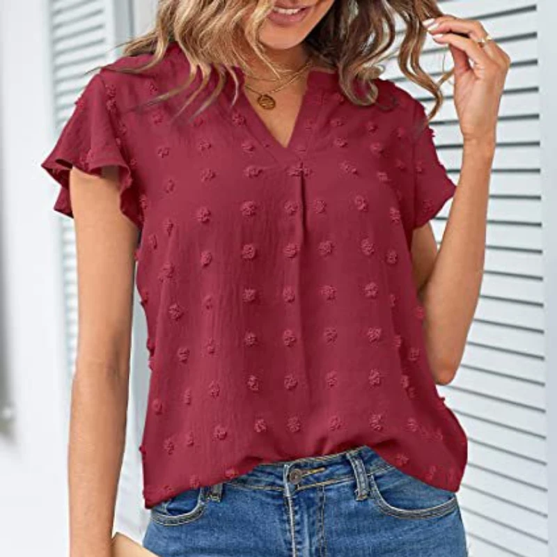 

Summer Ruffle Elegant Blouse V-neck Short Sleeve Chiffon Women Shirt Office Lady Tops 2023 Solid Color Clothes Blusa Mujer 25836