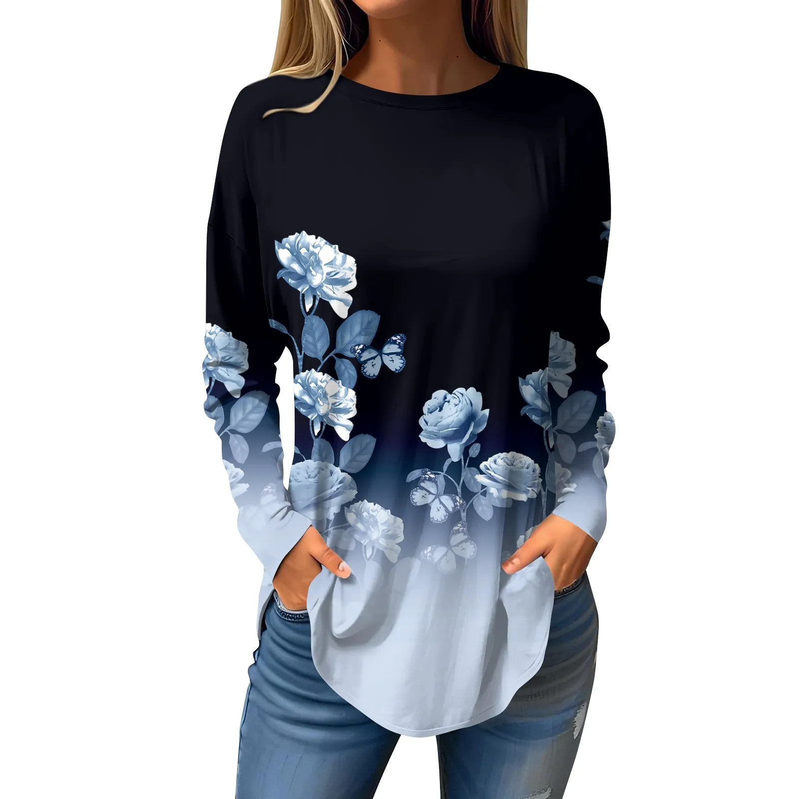 

2023 Women's T Shirt Fashion Floral Print Fall Casual Long Sleeve Blouse Holiday Weekend Round Neck Retro Floral Tops