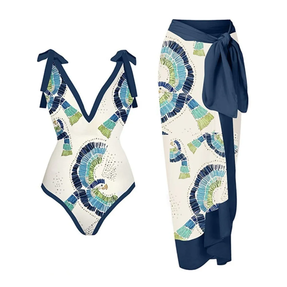 

2023 New Print One Piece Swimwear Women Elegant High Waist Beach Skirt Sexy V-neck Suspender Backless Beachwear Bikini XJYY16