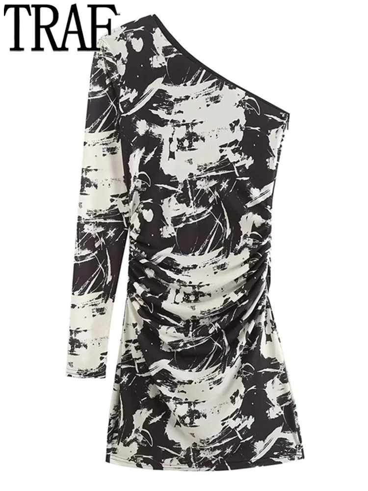 

TRAF Off Shoulder Short Dresses Woman Printed Sexy Mini Dress Long Sleeve Bodycon Dresses For Women 2023 Evening Party Dresses