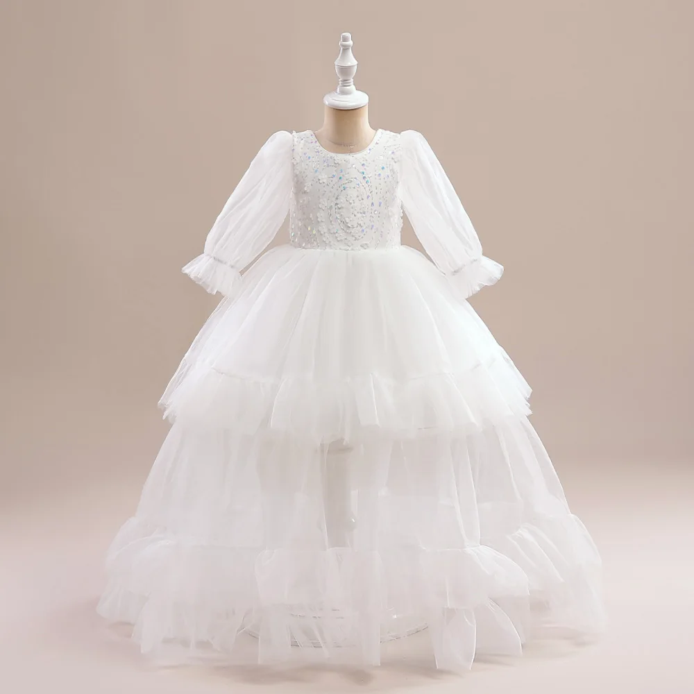 

Long Sleeve Wedding Girls Dresses Fluffy White Bridemaids Kids Dress For Girl Flower Princess Birthday Party Pink Gown Costumes