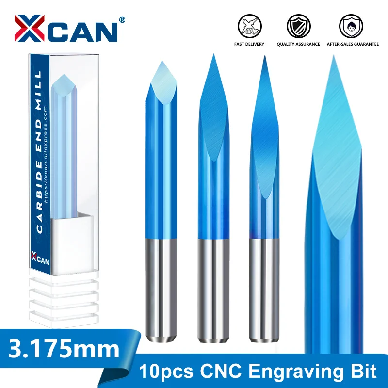 

XCAN 3 Edge Pyramid Bit CNC Engraving Bit 20-90 Degree Carbide End Mill 3.175mm Shank Nano Blue Coated Milling Cutter 10pcs