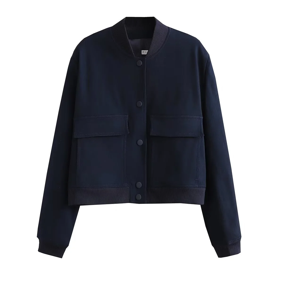 

Женская укороченная куртка, темно-синяя Повседневная куртка с длинными рукавами и большими карманами, 2023