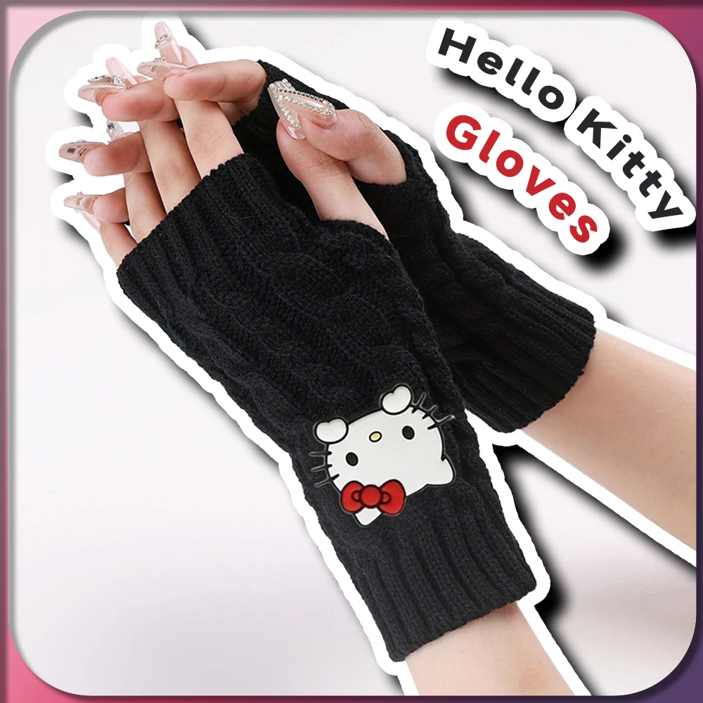 Kawaii Hello Kitty женские Y2K вязаные перчатки без пальцев с принтом Sanrio аниме милые