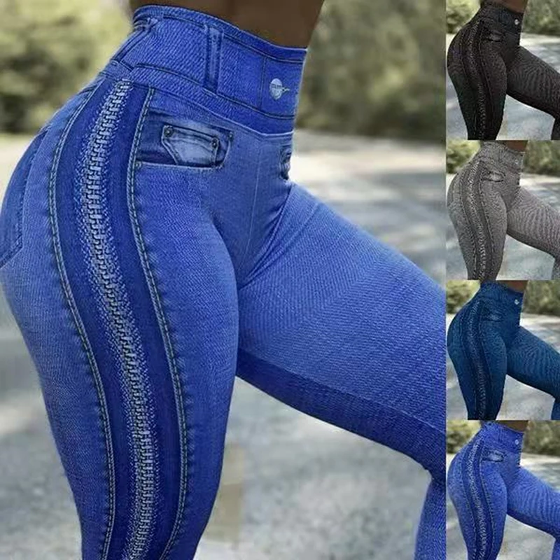 

Women Leggings Fashion Faux Denim Jeans Leggings Sexy Long Pocket Printing Leggins High Waist Summer Casual Pencil Pants
