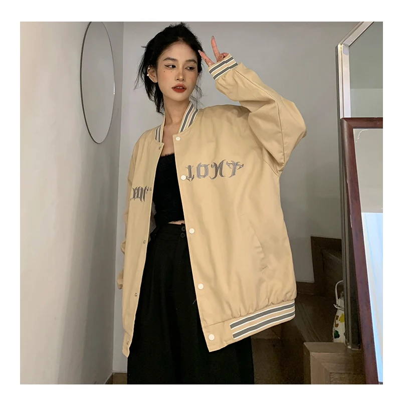 

Women's Clothing Baseball Uniform Coat Fashion Khaki Crew Neck Single-Breasted Letter Print Oversize Baggy Girl Tops Winter