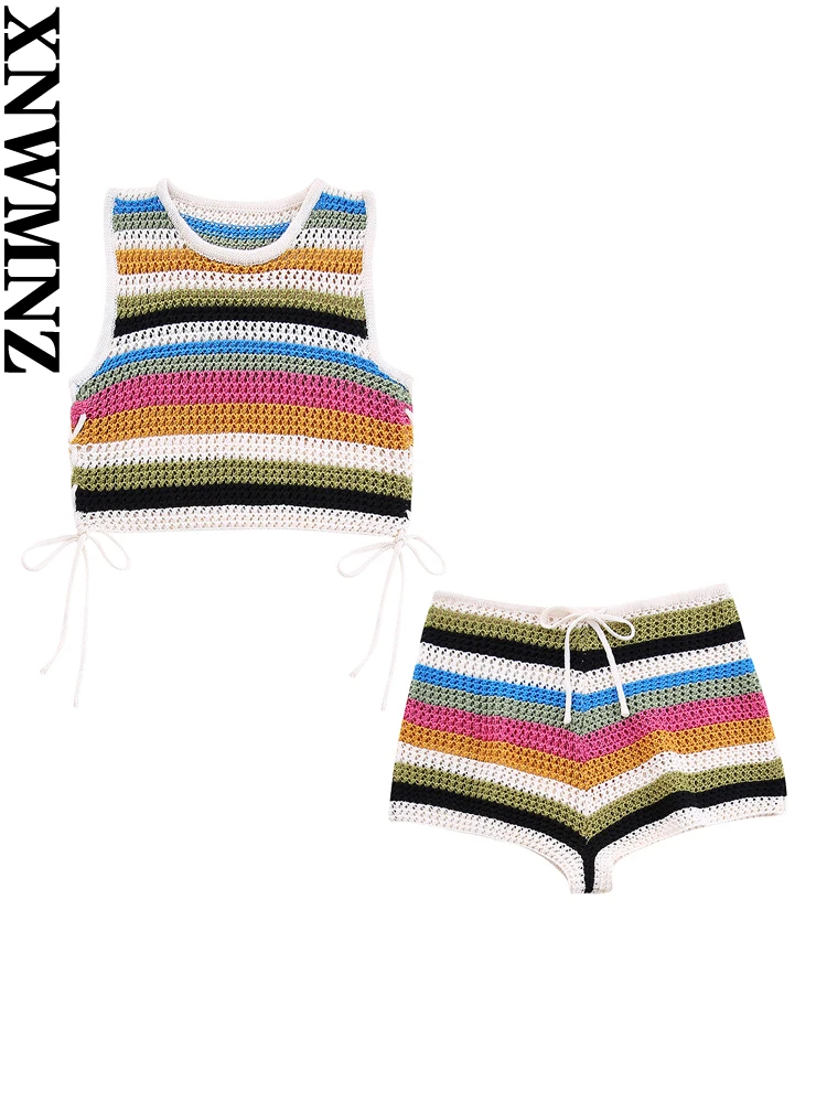 

XNWMNZ Women's Fashion 2023 New Stripe Crochet Top or Elastic Mid Rise Shorts Holiday Style High Street Female Two Piece Set