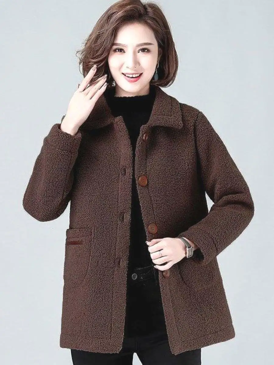 Fleece-lined Middle-aged Women Dress New Autumn and Winter Sheep Shearing Thickened Top Middle-Aged Elderly Western...