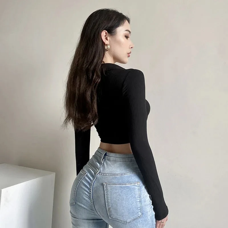 Женская футболка Sexy Slim Fit Crop Button Top Black Autumn Lady с длинным рукавом и v-образным вырезом