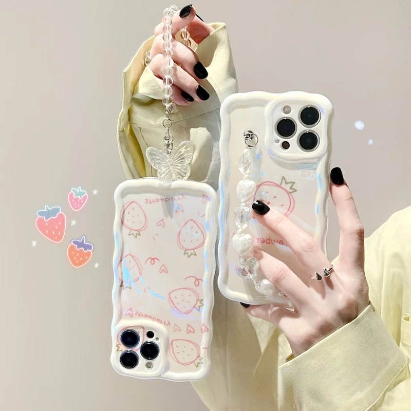 

INS Style Summer Strawberry Phone Case For IPhone 14Pro Max 13Plus 12 11 X XR/XS With Lanyard Plain Pictorial Shockproof Cover