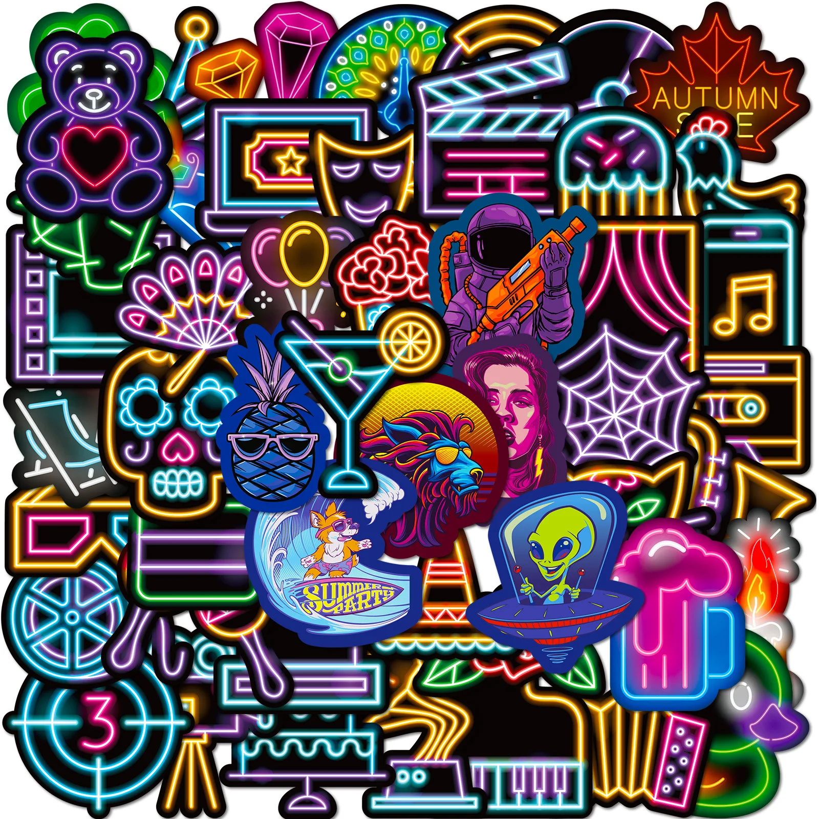 

50PCS Neon Light Creative Personality Cartoon Sticker DIY Guitar Motorcycle Suitcase Notebook Skateboard Waterproof Sticker