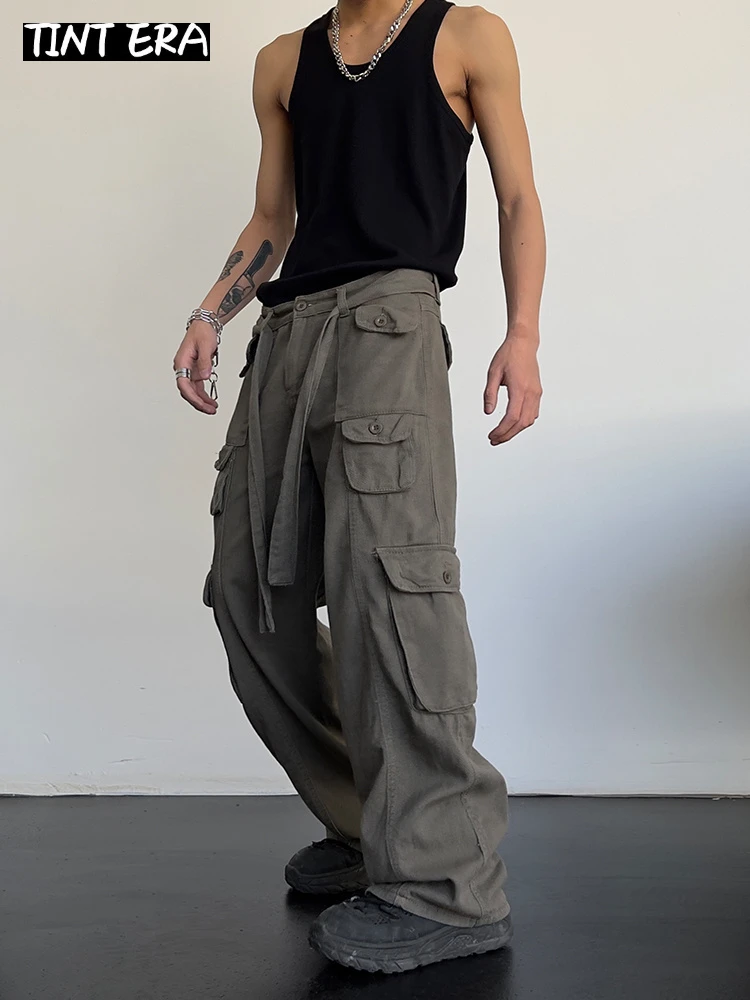 

TINT ERA High Street Retro Casual Large Pocket Overalls Men's New Summer High Waist Loose Straight Tube Draped Wide Leg Pants